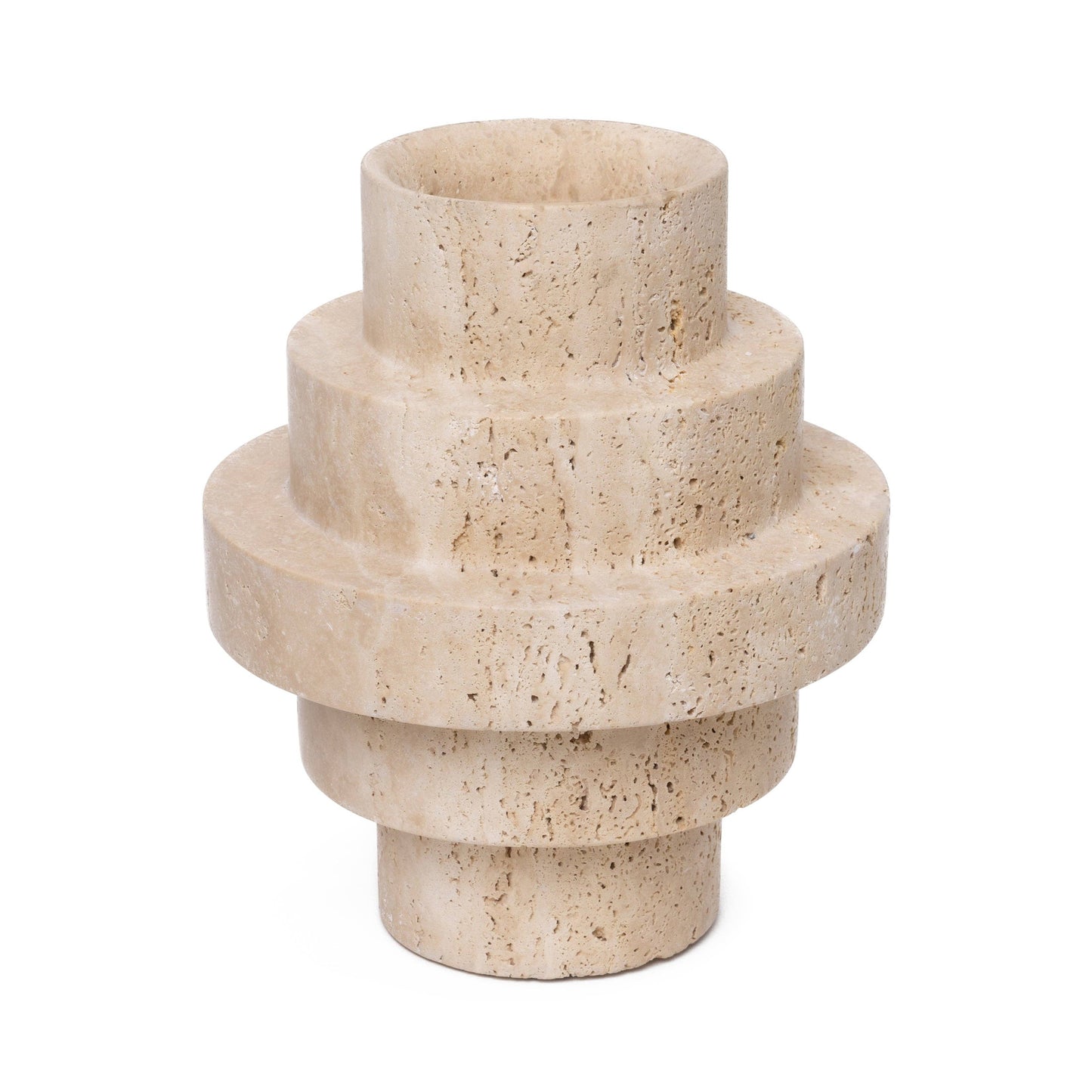 Beige stone vase with a cylindrical design on a white background