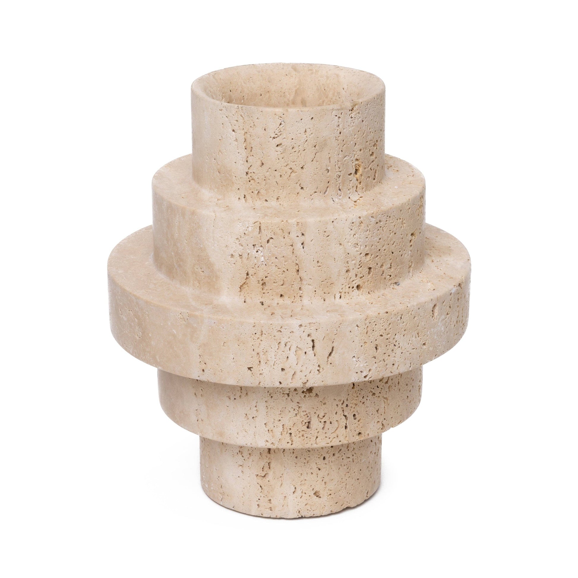 Beige stone vase with a cylindrical design on a white background