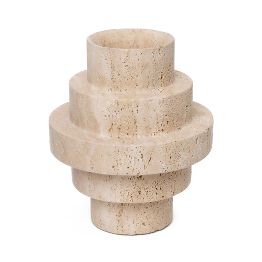 Beige stone vase with a cylindrical design on a white background